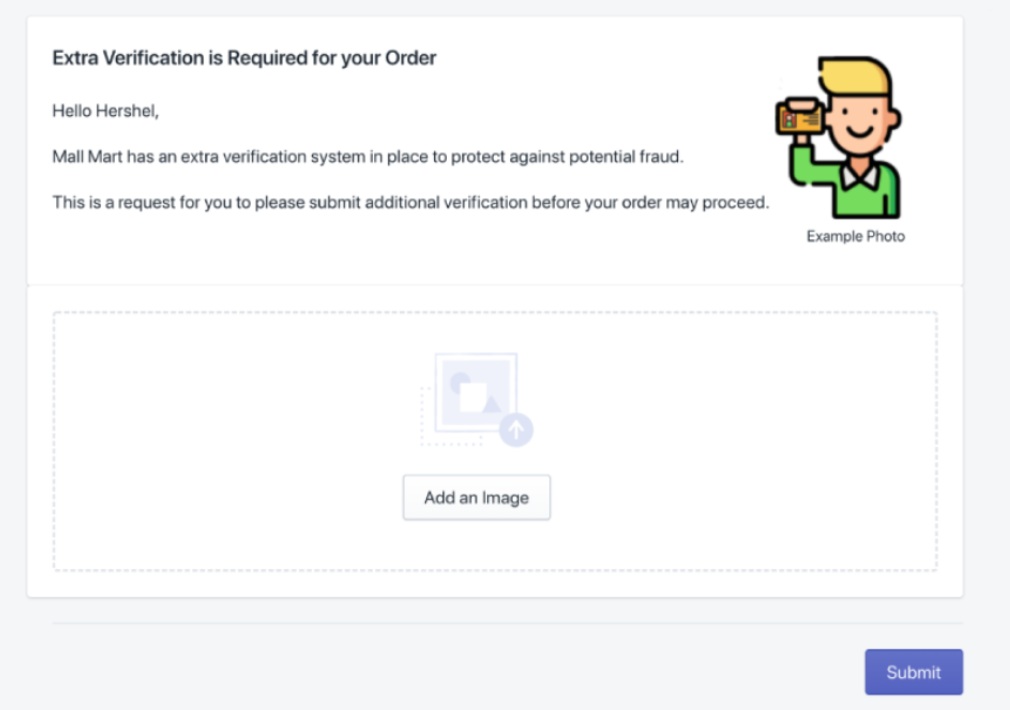 Shopper verification page and notification email